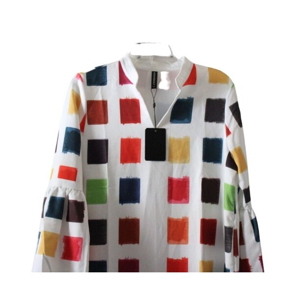 Koandaily V Neck Maxi Shift Dress Multicolor Geometric Pattern Bell Sleeves Sz 8 - Picture 2 of 8